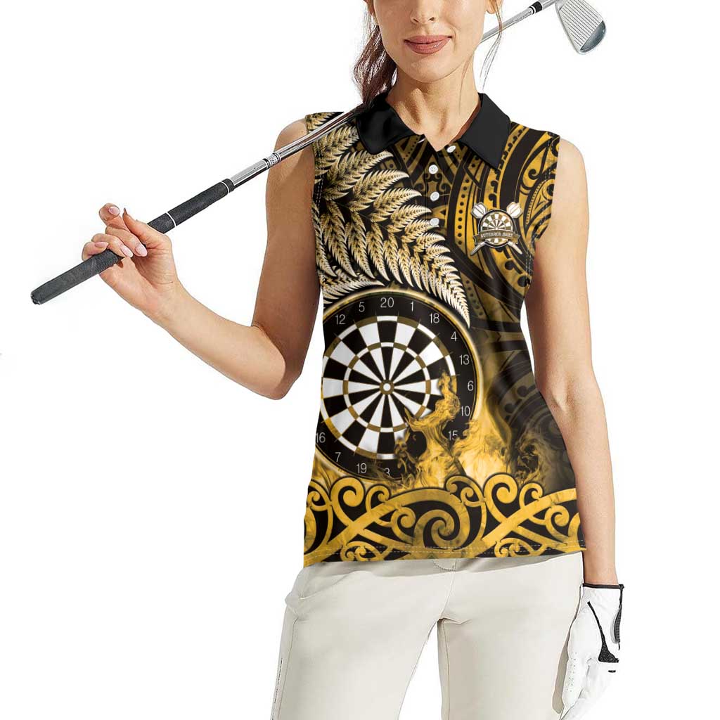 Personalised New Zealand Darts Women Sleeveless Polo Shirt Maori Koru Dartboard Gold Flame