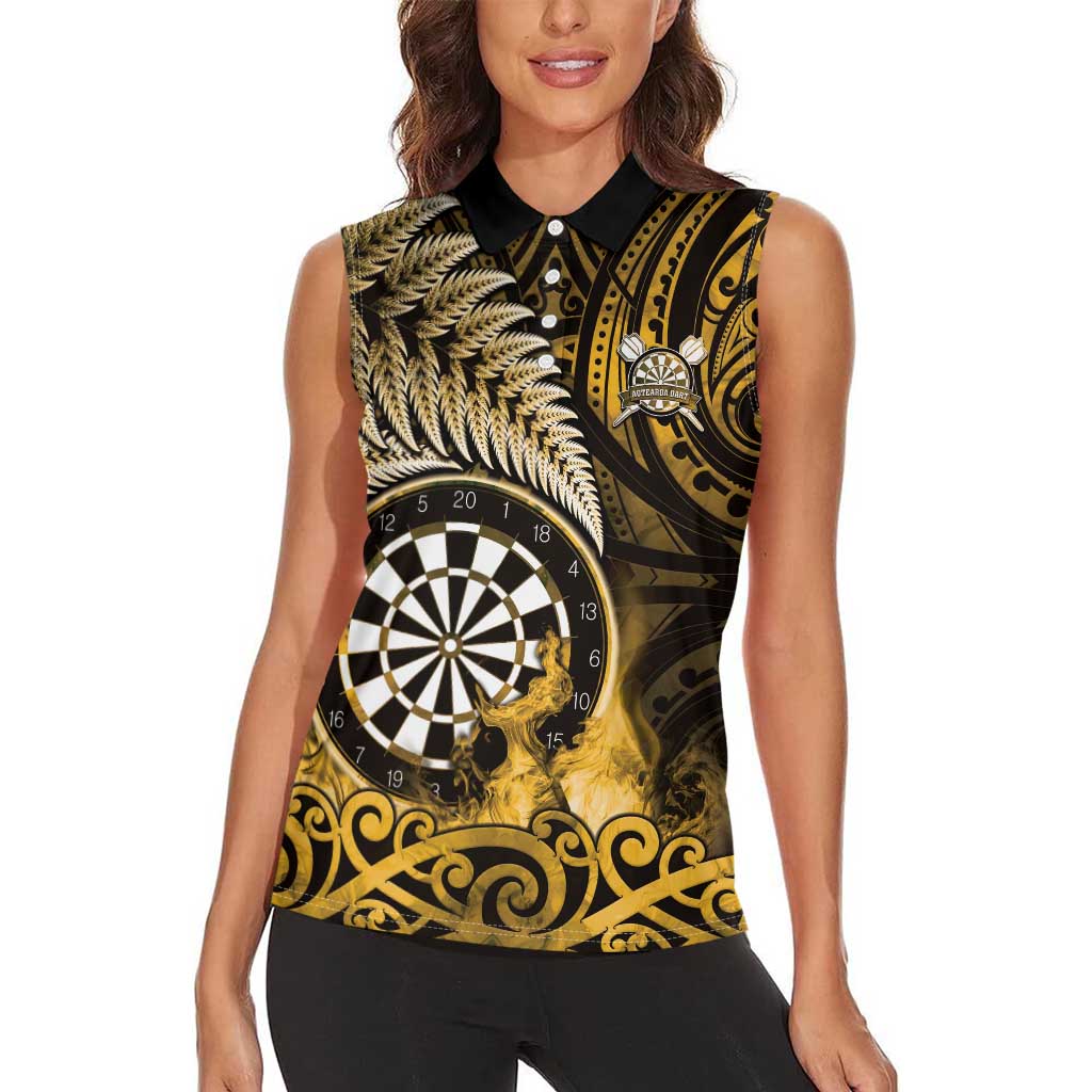 Personalised New Zealand Darts Women Sleeveless Polo Shirt Maori Koru Dartboard Gold Flame