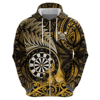 Personalised New Zealand Darts Zip Hoodie Maori Koru Dartboard Gold Flame