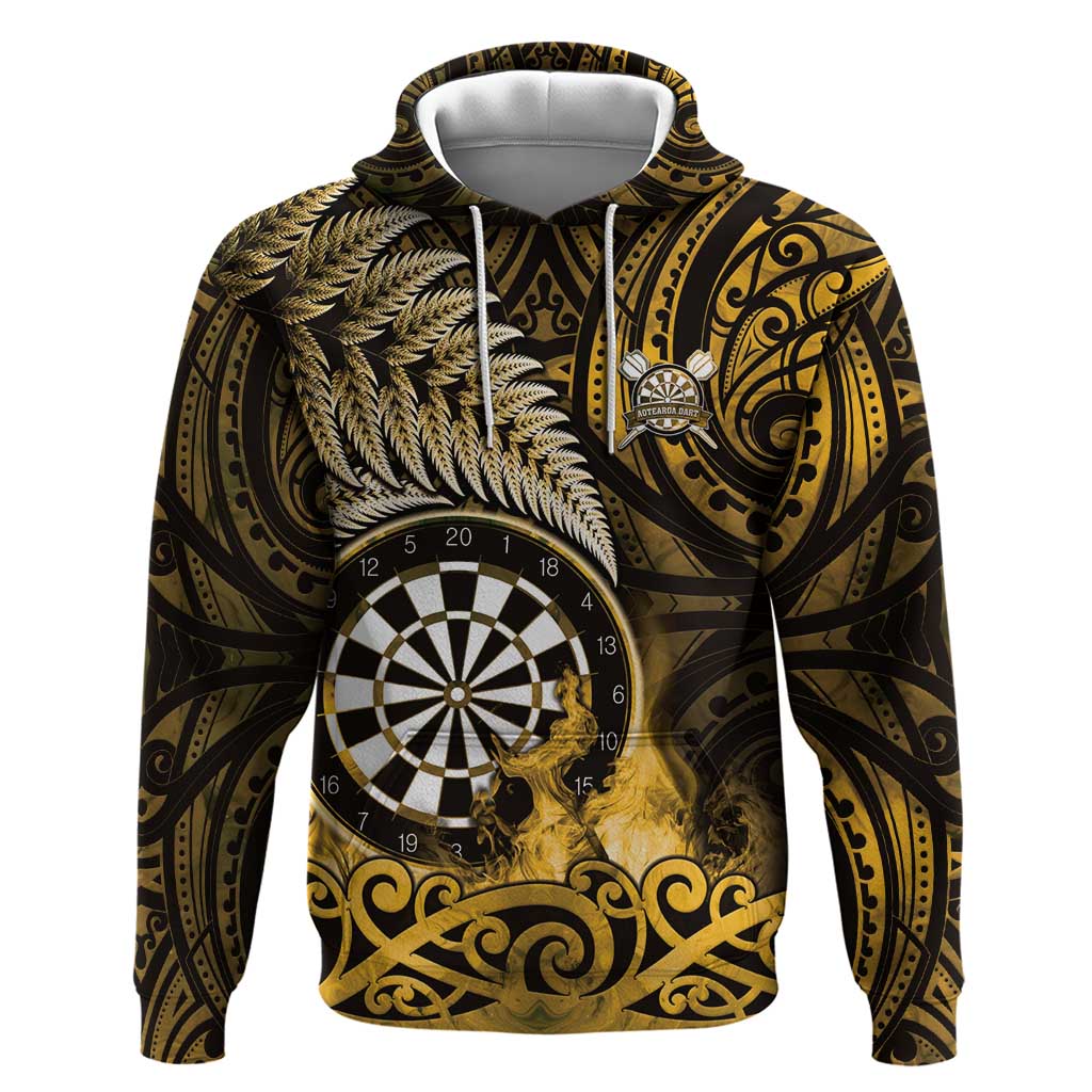 Personalised New Zealand Darts Zip Hoodie Maori Koru Dartboard Gold Flame