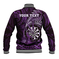 Personalised New Zealand Darts Baseball Jacket Maori Koru Dartboard Purple Flame