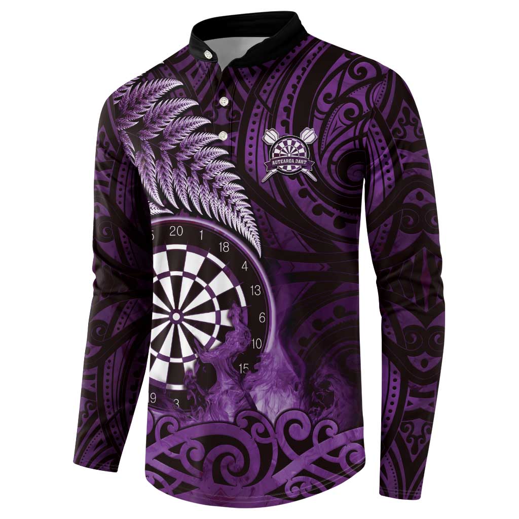 Personalised New Zealand Darts Button Sweatshirt Maori Koru Dartboard Purple Flame