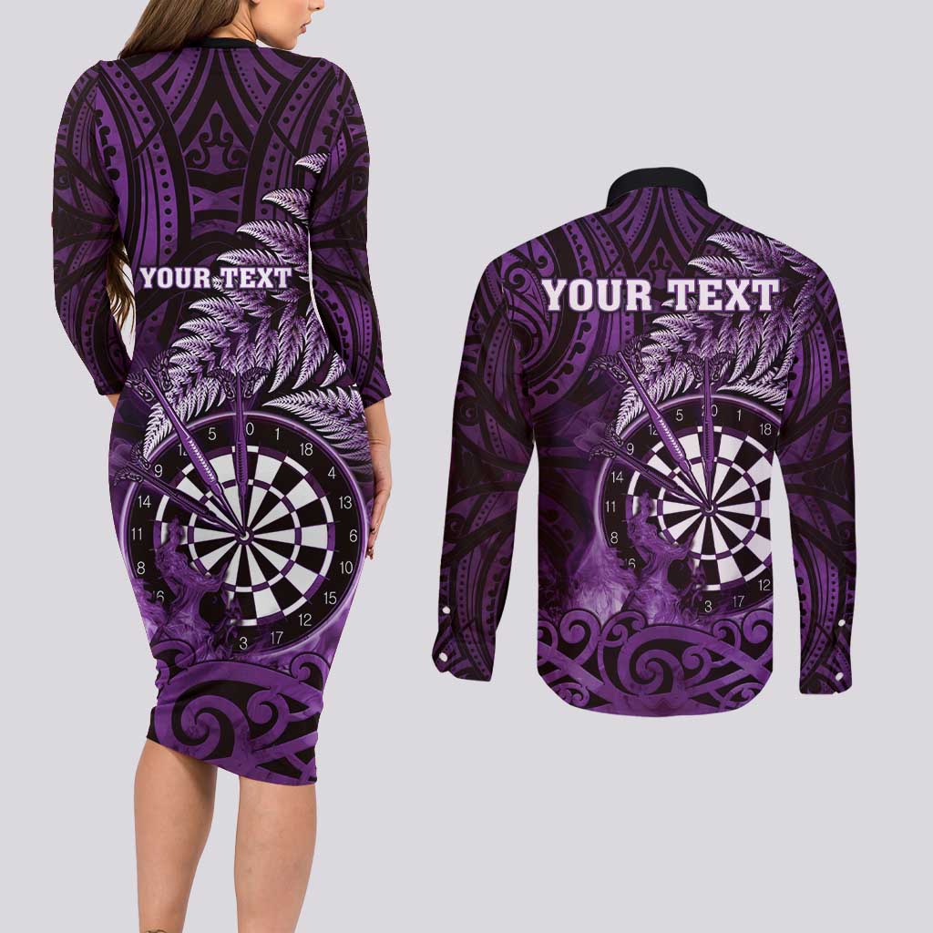 Personalised New Zealand Darts Couples Matching Long Sleeve Bodycon Dress and Long Sleeve Button Shirt Maori Koru Dartboard Purple Flame