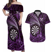 Personalised New Zealand Darts Couples Matching Off Shoulder Maxi Dress and Hawaiian Shirt Maori Koru Dartboard Purple Flame