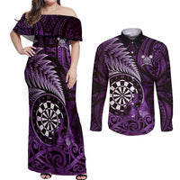 Personalised New Zealand Darts Couples Matching Off Shoulder Maxi Dress and Long Sleeve Button Shirt Maori Koru Dartboard Purple Flame