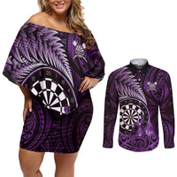 Personalised New Zealand Darts Couples Matching Off Shoulder Short Dress and Long Sleeve Button Shirt Maori Koru Dartboard Purple Flame