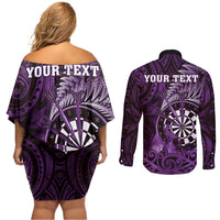 Personalised New Zealand Darts Couples Matching Off Shoulder Short Dress and Long Sleeve Button Shirt Maori Koru Dartboard Purple Flame