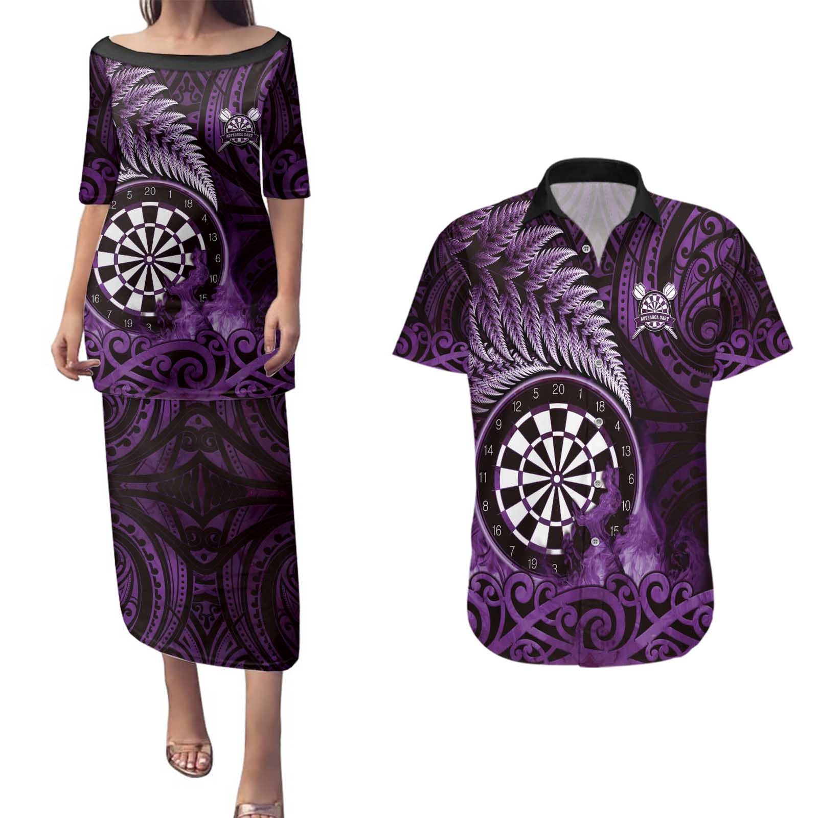 Personalised New Zealand Darts Couples Matching Puletasi and Hawaiian Shirt Maori Koru Dartboard Purple Flame