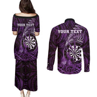 Personalised New Zealand Darts Couples Matching Puletasi and Long Sleeve Button Shirt Maori Koru Dartboard Purple Flame