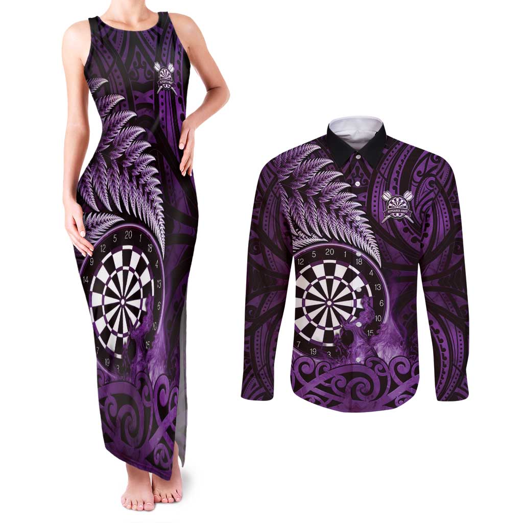 Personalised New Zealand Darts Couples Matching Tank Maxi Dress and Long Sleeve Button Shirt Maori Koru Dartboard Purple Flame