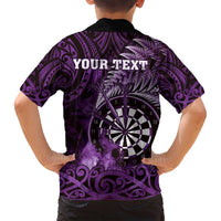 Personalised New Zealand Darts Family Matching Long Sleeve Bodycon Dress and Hawaiian Shirt Maori Koru Dartboard Purple Flame