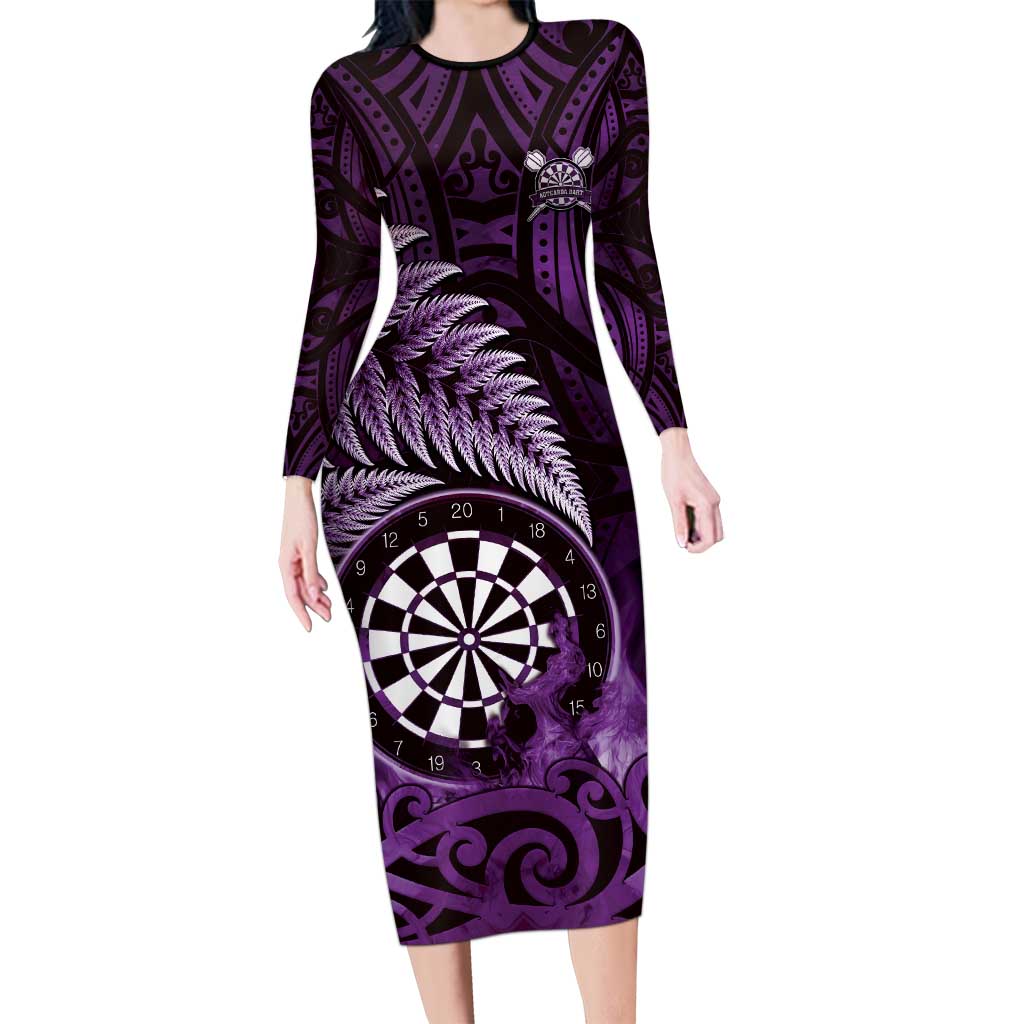 Personalised New Zealand Darts Family Matching Long Sleeve Bodycon Dress and Hawaiian Shirt Maori Koru Dartboard Purple Flame