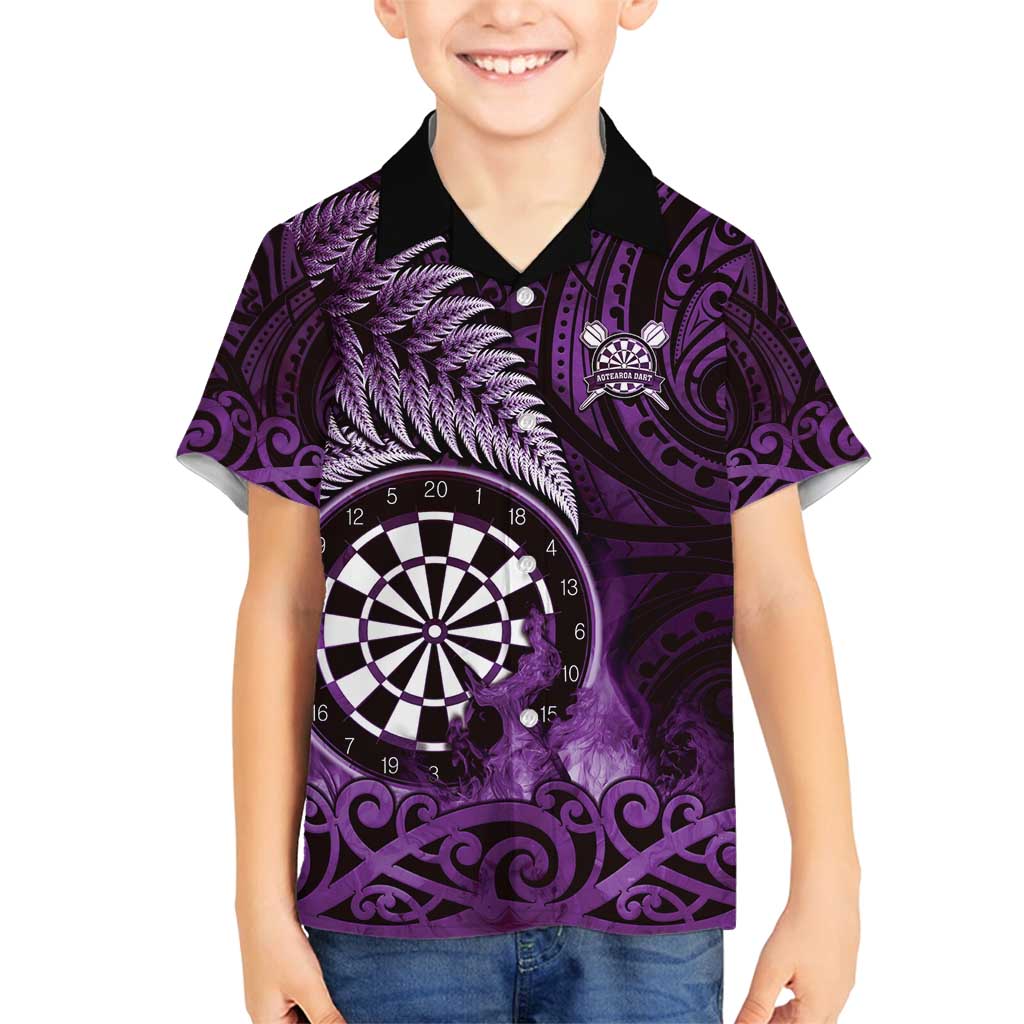 Personalised New Zealand Darts Family Matching Long Sleeve Bodycon Dress and Hawaiian Shirt Maori Koru Dartboard Purple Flame