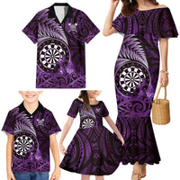 Personalised New Zealand Darts Family Matching Mermaid Dress and Hawaiian Shirt Maori Koru Dartboard Purple Flame