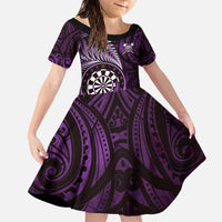 Personalised New Zealand Darts Family Matching Off The Shoulder Long Sleeve Dress and Hawaiian Shirt Maori Koru Dartboard Purple Flame
