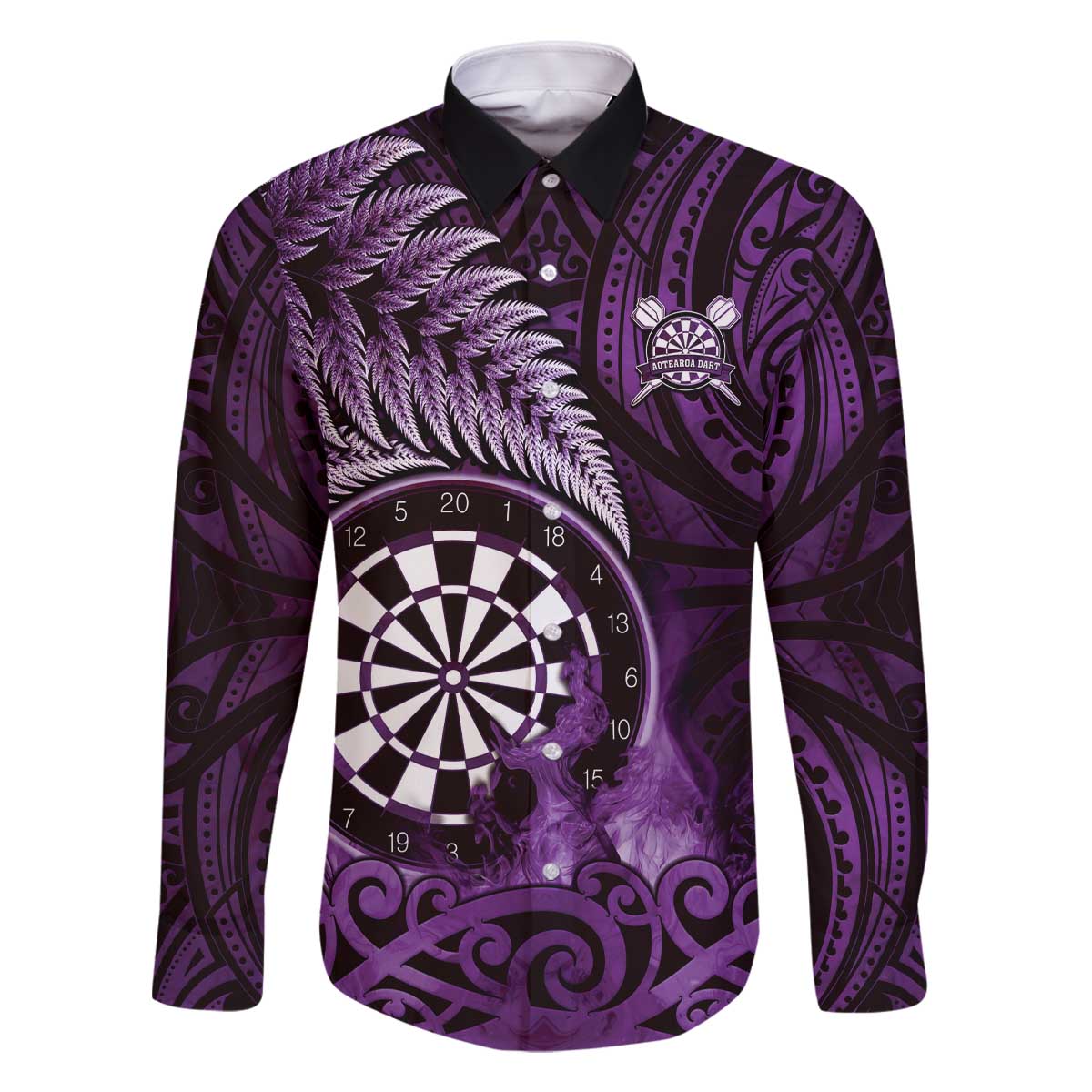 Personalised New Zealand Darts Family Matching Off The Shoulder Long Sleeve Dress and Hawaiian Shirt Maori Koru Dartboard Purple Flame