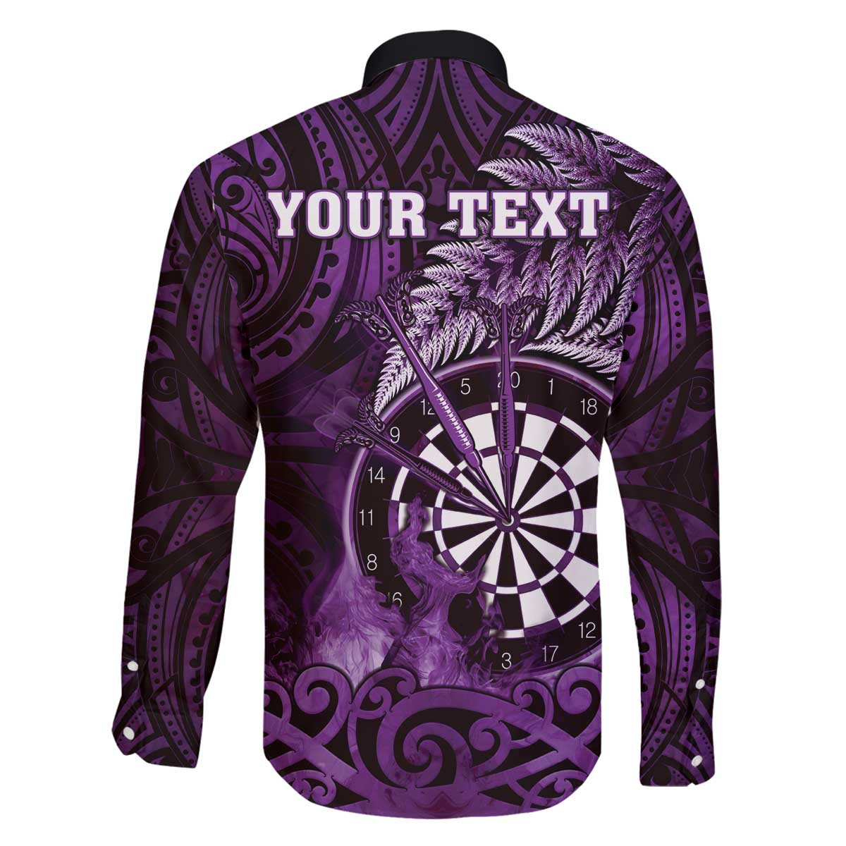 Personalised New Zealand Darts Family Matching Off The Shoulder Long Sleeve Dress and Hawaiian Shirt Maori Koru Dartboard Purple Flame