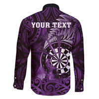 Personalised New Zealand Darts Family Matching Off The Shoulder Long Sleeve Dress and Hawaiian Shirt Maori Koru Dartboard Purple Flame