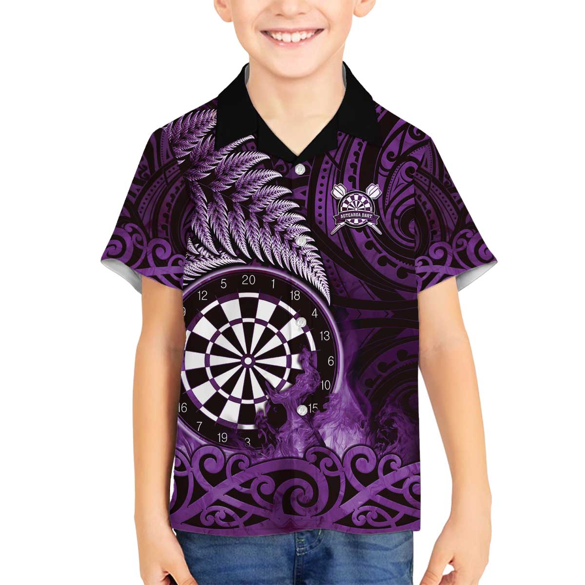 Personalised New Zealand Darts Family Matching Off The Shoulder Long Sleeve Dress and Hawaiian Shirt Maori Koru Dartboard Purple Flame