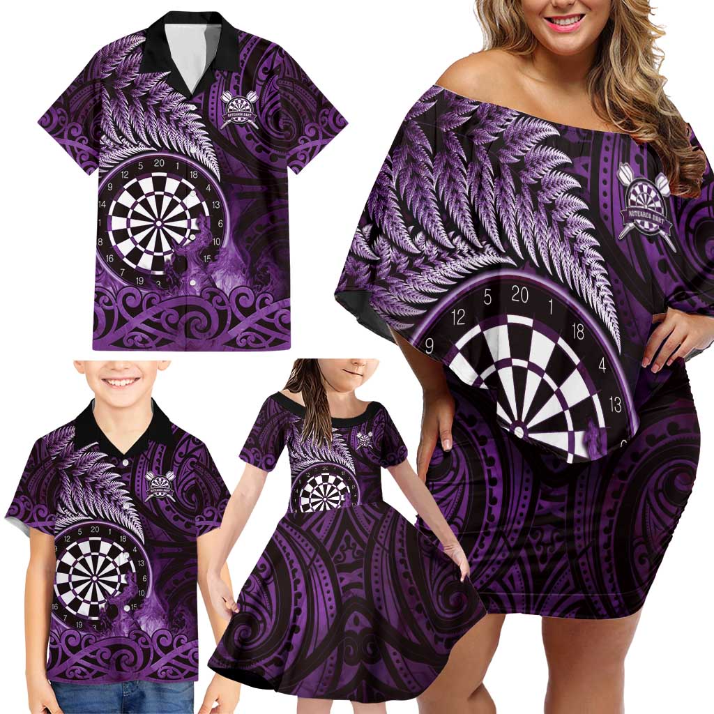 Personalised New Zealand Darts Family Matching Off Shoulder Short Dress and Hawaiian Shirt Maori Koru Dartboard Purple Flame