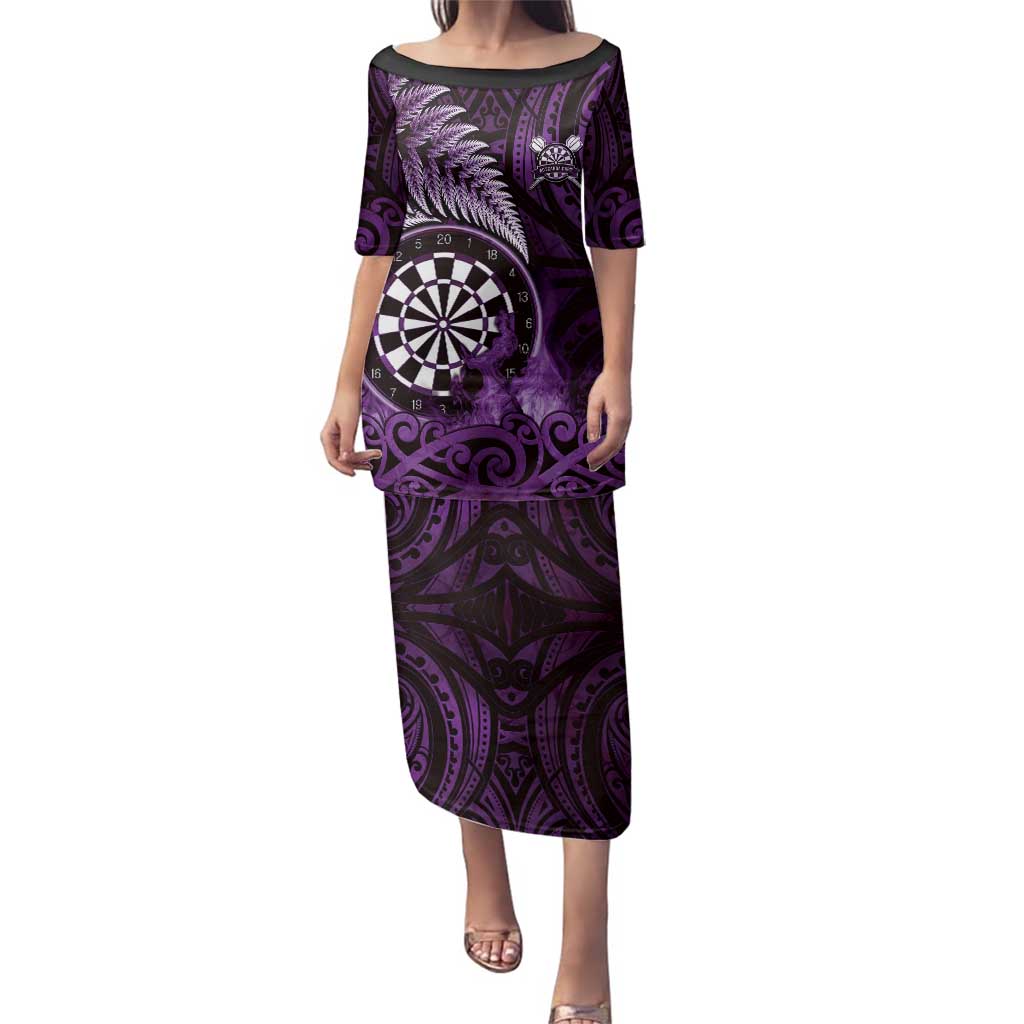 Personalised New Zealand Darts Family Matching Puletasi and Hawaiian Shirt Maori Koru Dartboard Purple Flame