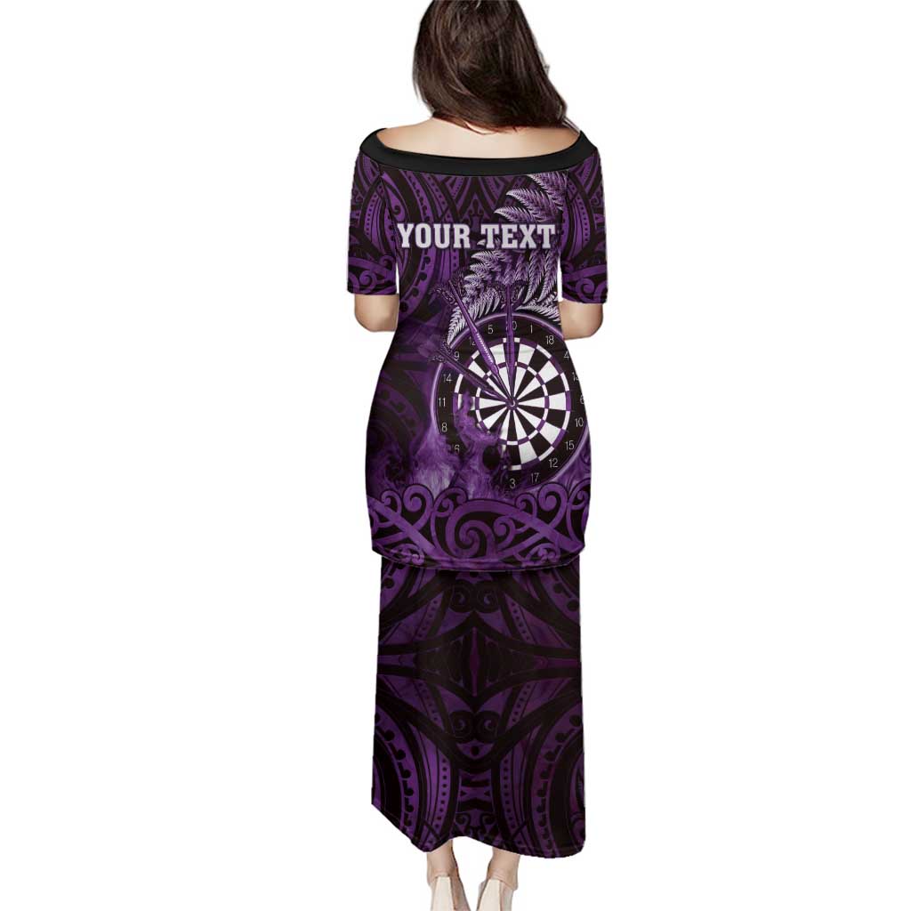 Personalised New Zealand Darts Family Matching Puletasi and Hawaiian Shirt Maori Koru Dartboard Purple Flame