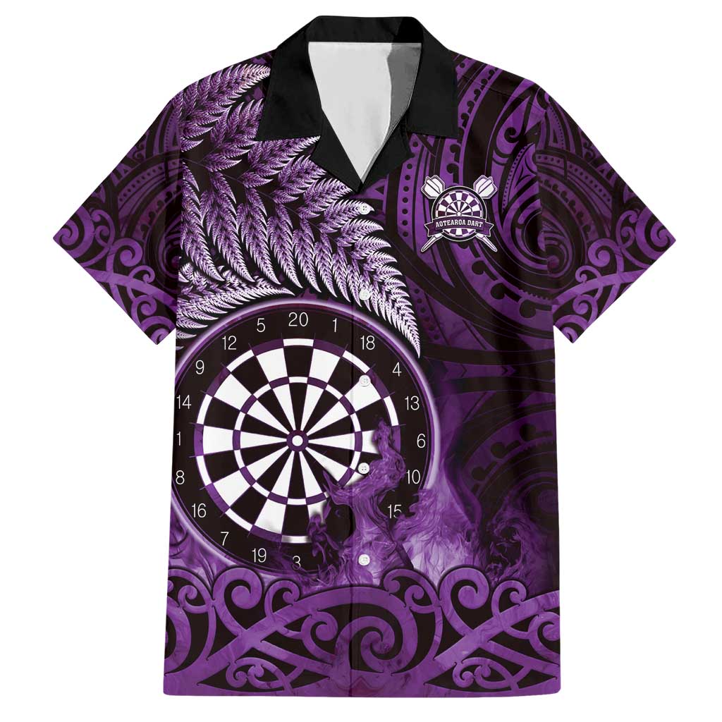 Personalised New Zealand Darts Hawaiian Shirt Maori Koru Dartboard Purple Flame