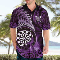 Personalised New Zealand Darts Hawaiian Shirt Maori Koru Dartboard Purple Flame