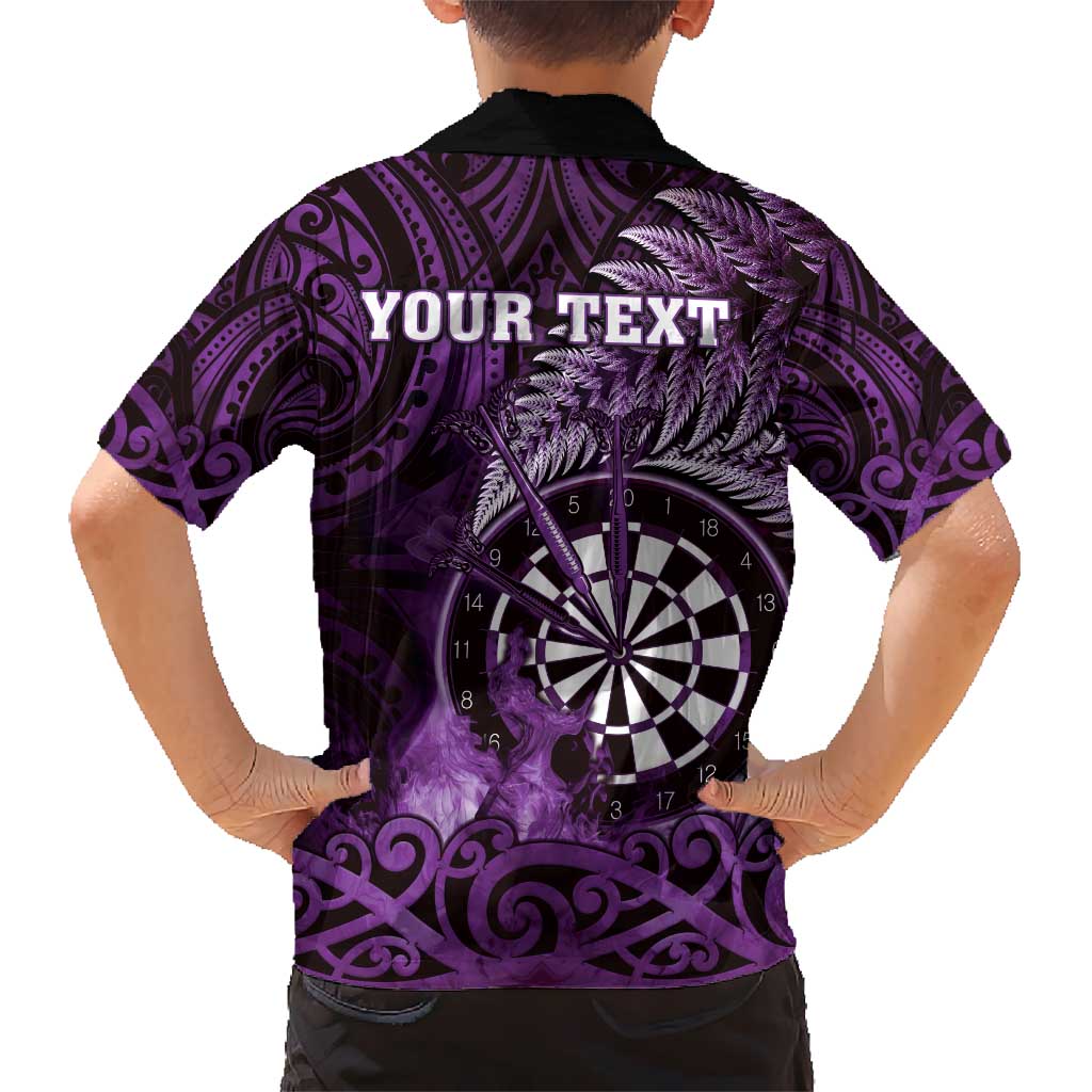 Personalised New Zealand Darts Hawaiian Shirt Maori Koru Dartboard Purple Flame