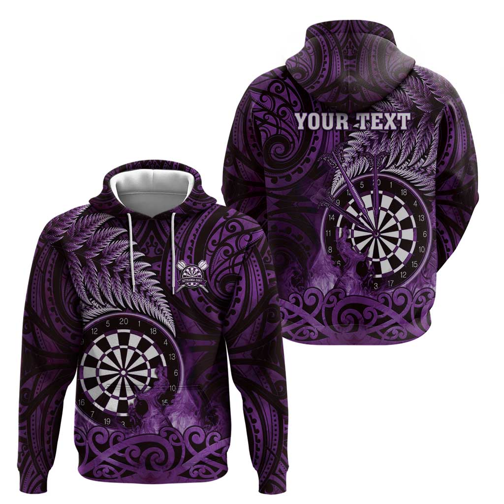 Personalised New Zealand Darts Hoodie Maori Koru Dartboard Purple Flame
