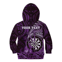 Personalised New Zealand Darts Kid Hoodie Maori Koru Dartboard Purple Flame