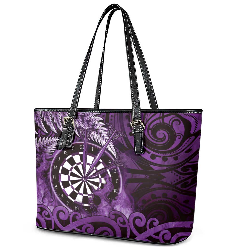 New Zealand Darts Leather Tote Bag Maori Koru Dartboard Purple Flame