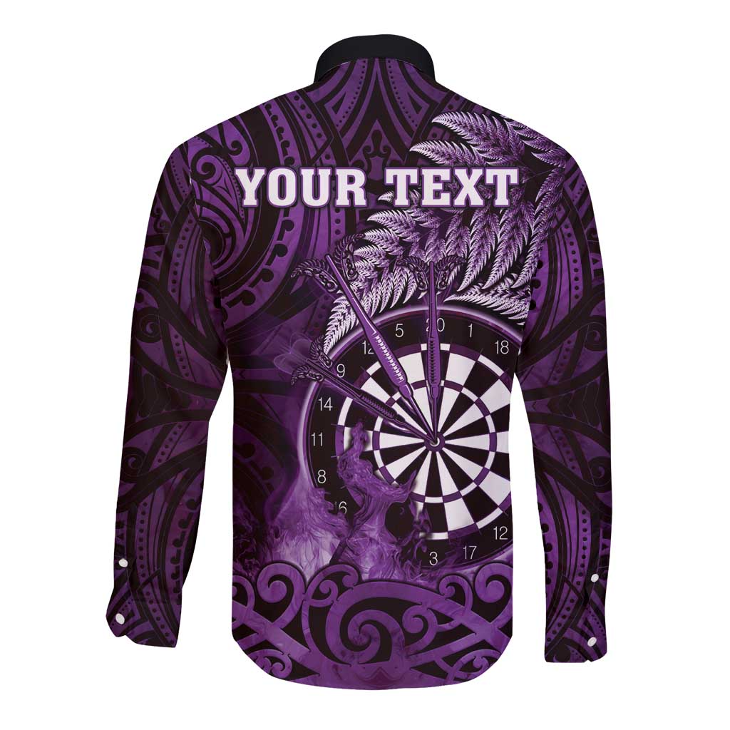 Personalised New Zealand Darts Long Sleeve Button Shirt Maori Koru Dartboard Purple Flame