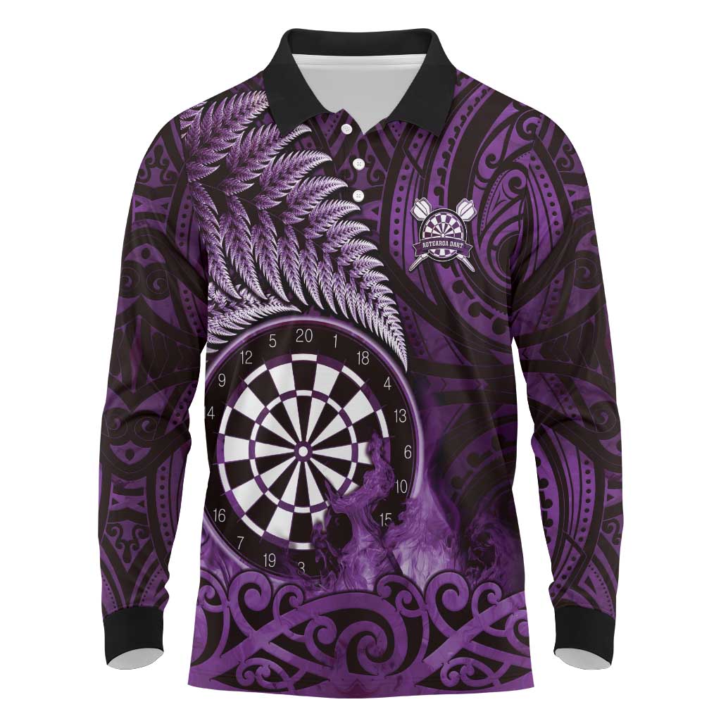 Personalised New Zealand Darts Long Sleeve Polo Shirt Maori Koru Dartboard Purple Flame