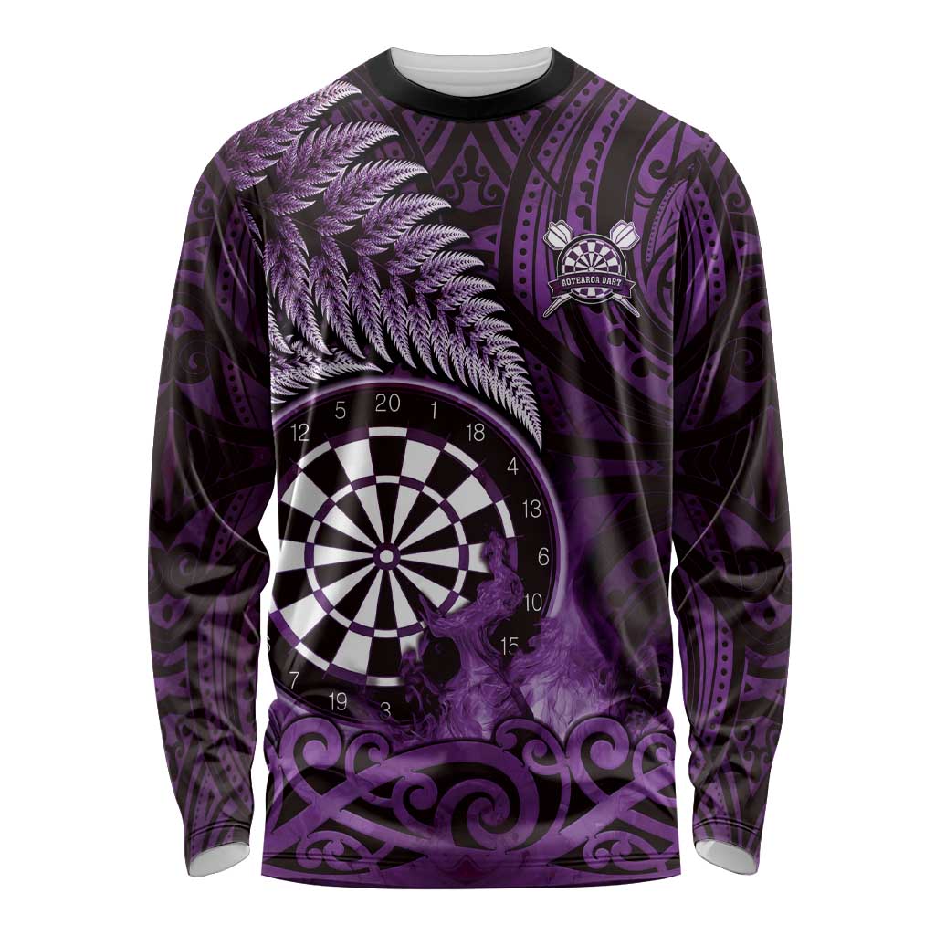 Personalised New Zealand Darts Long Sleeve Shirt Maori Koru Dartboard Purple Flame