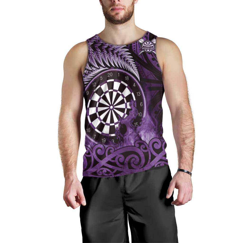 Personalised New Zealand Darts Men Tank Top Maori Koru Dartboard Purple Flame
