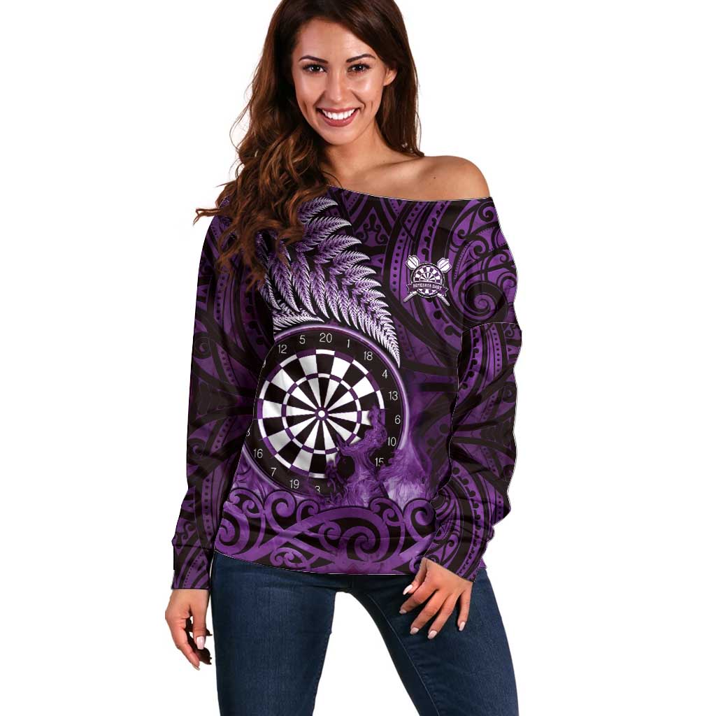 Personalised New Zealand Darts Off Shoulder Sweater Maori Koru Dartboard Purple Flame