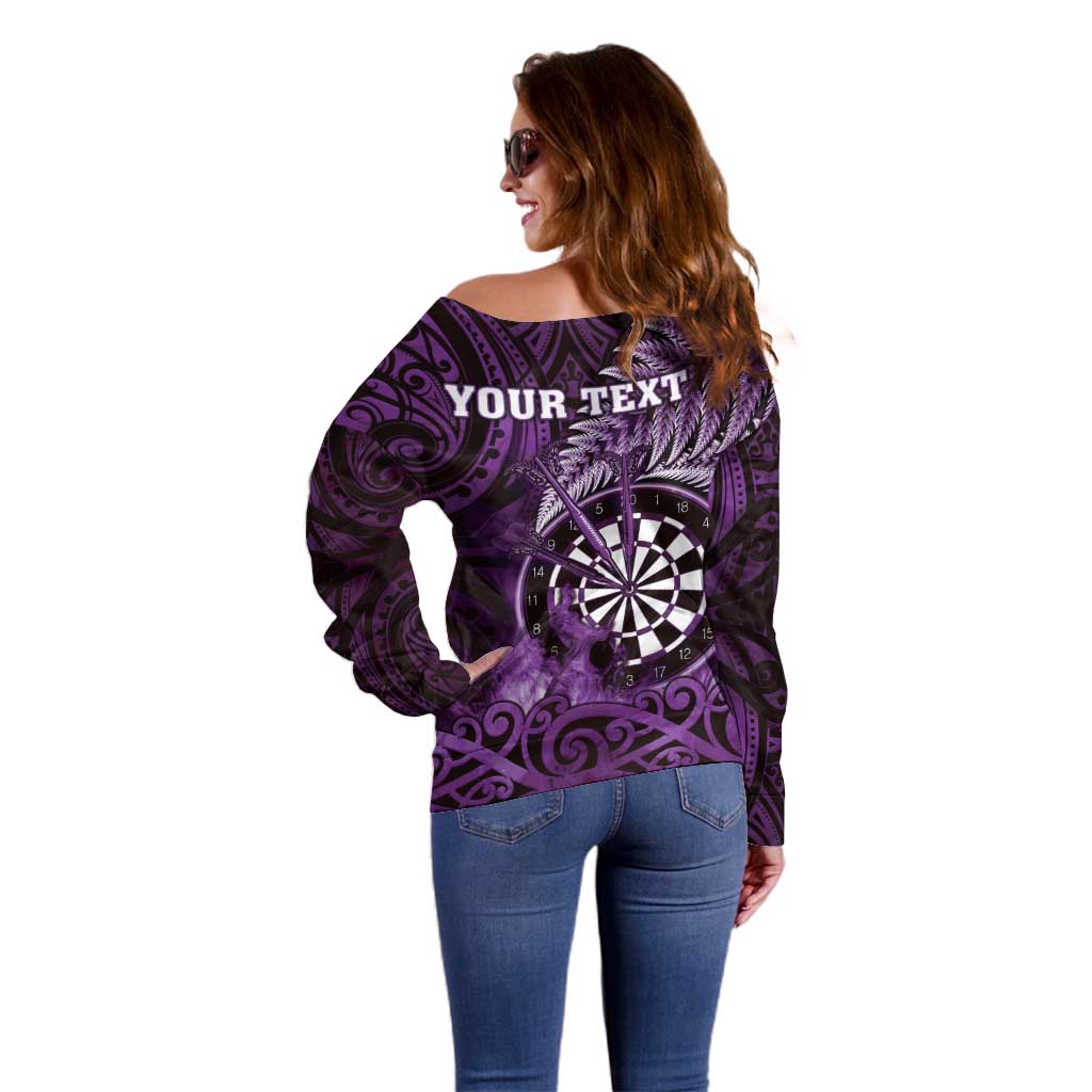 Personalised New Zealand Darts Off Shoulder Sweater Maori Koru Dartboard Purple Flame