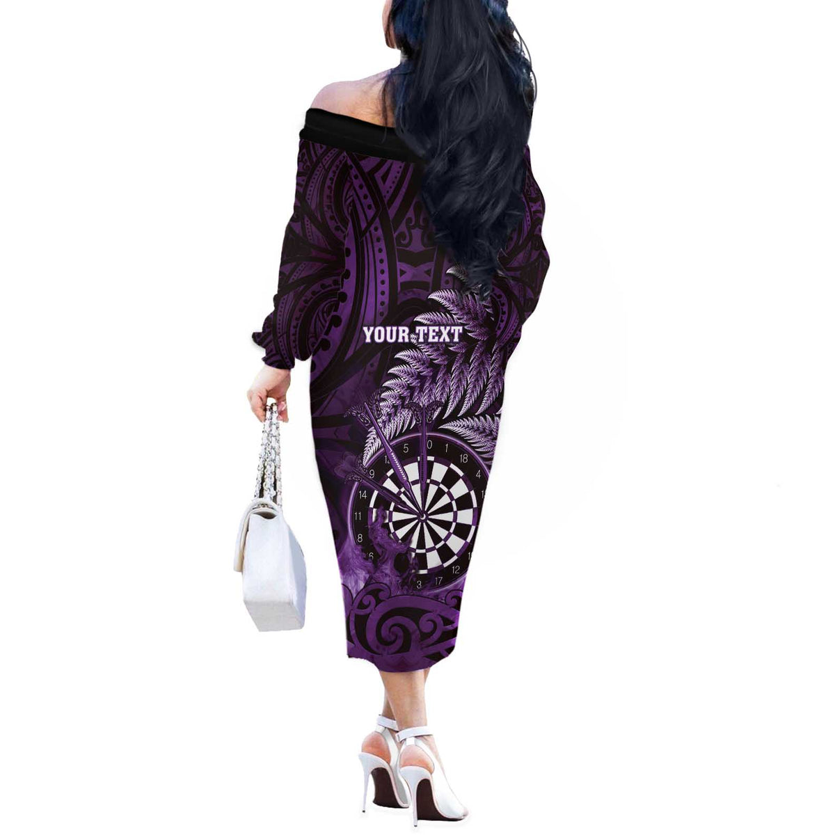 Personalised New Zealand Darts Off The Shoulder Long Sleeve Dress Maori Koru Dartboard Purple Flame