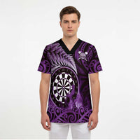 Personalised New Zealand Darts Scrub Top Maori Koru Dartboard Purple Flame - Polynesian Pride