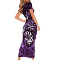 Personalised New Zealand Darts Short Sleeve Bodycon Dress Maori Koru Dartboard Purple Flame