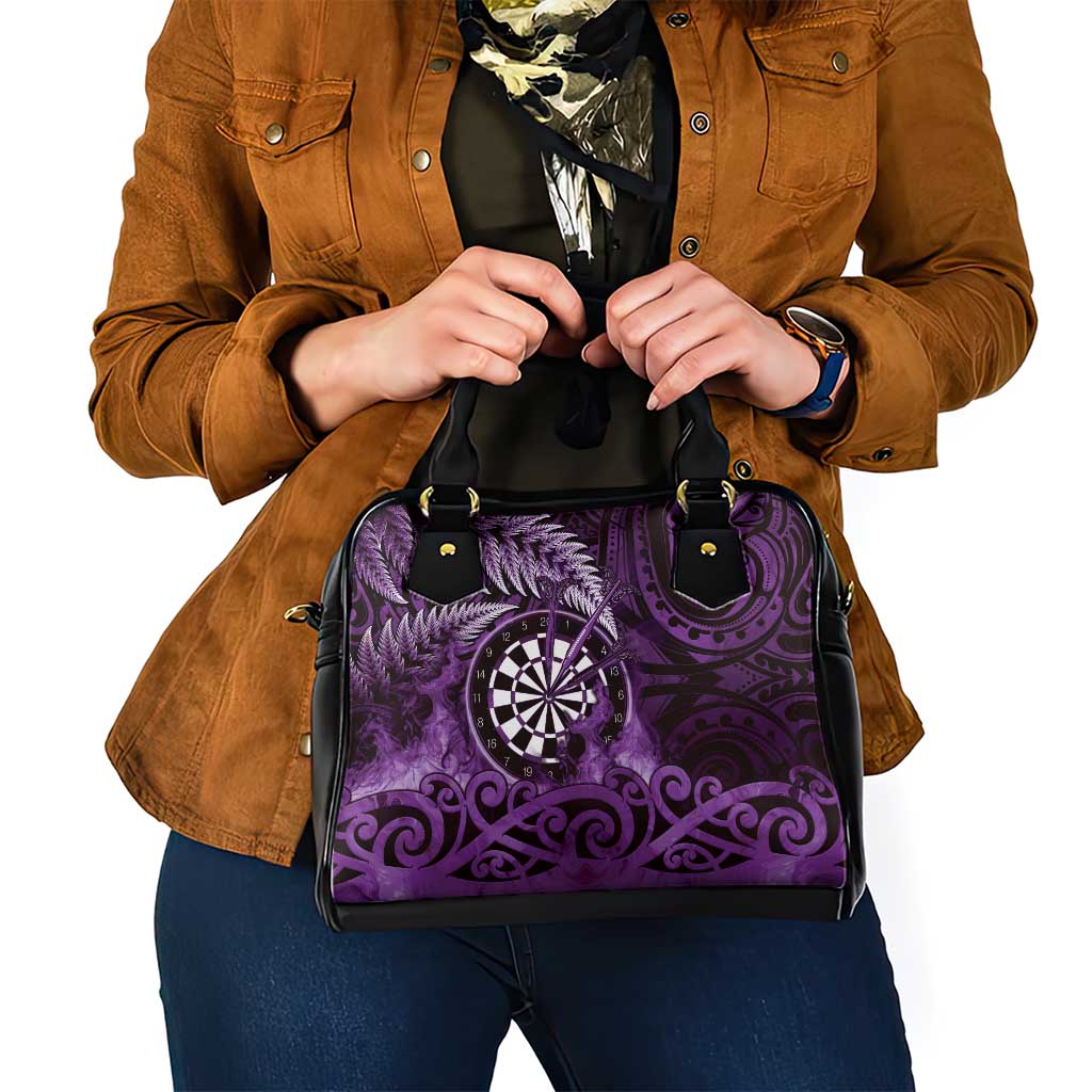 New Zealand Darts Shoulder Handbag Maori Koru Dartboard Purple Flame