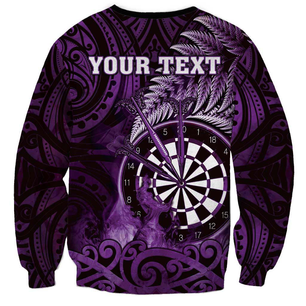 Personalised New Zealand Darts Sweatshirt Maori Koru Dartboard Purple Flame