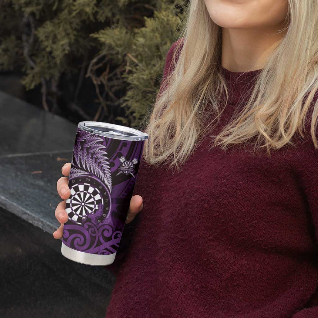 Personalised New Zealand Darts Tumbler Cup Maori Koru Dartboard Purple Flame