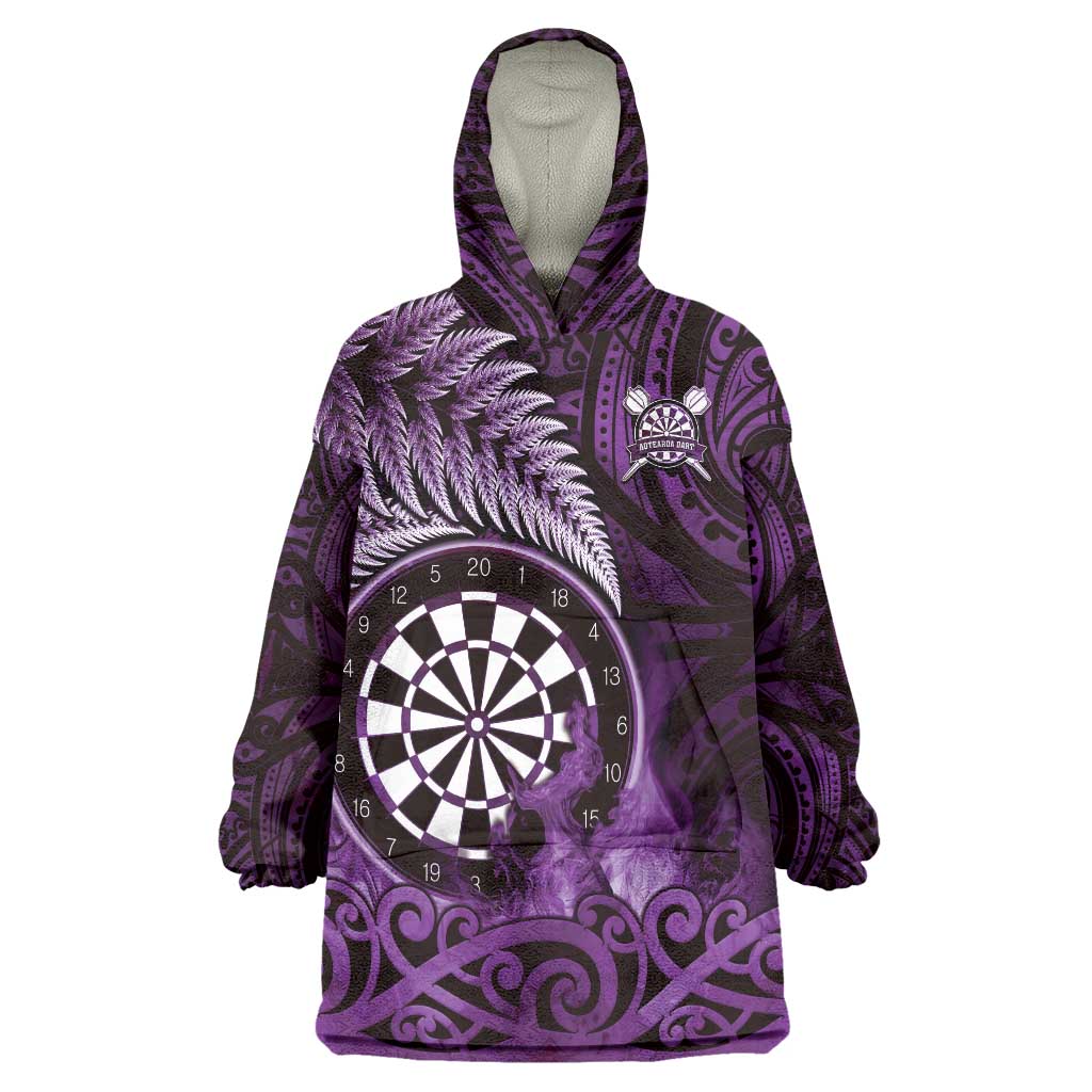Personalised New Zealand Darts Wearable Blanket Hoodie Maori Koru Dartboard Purple Flame