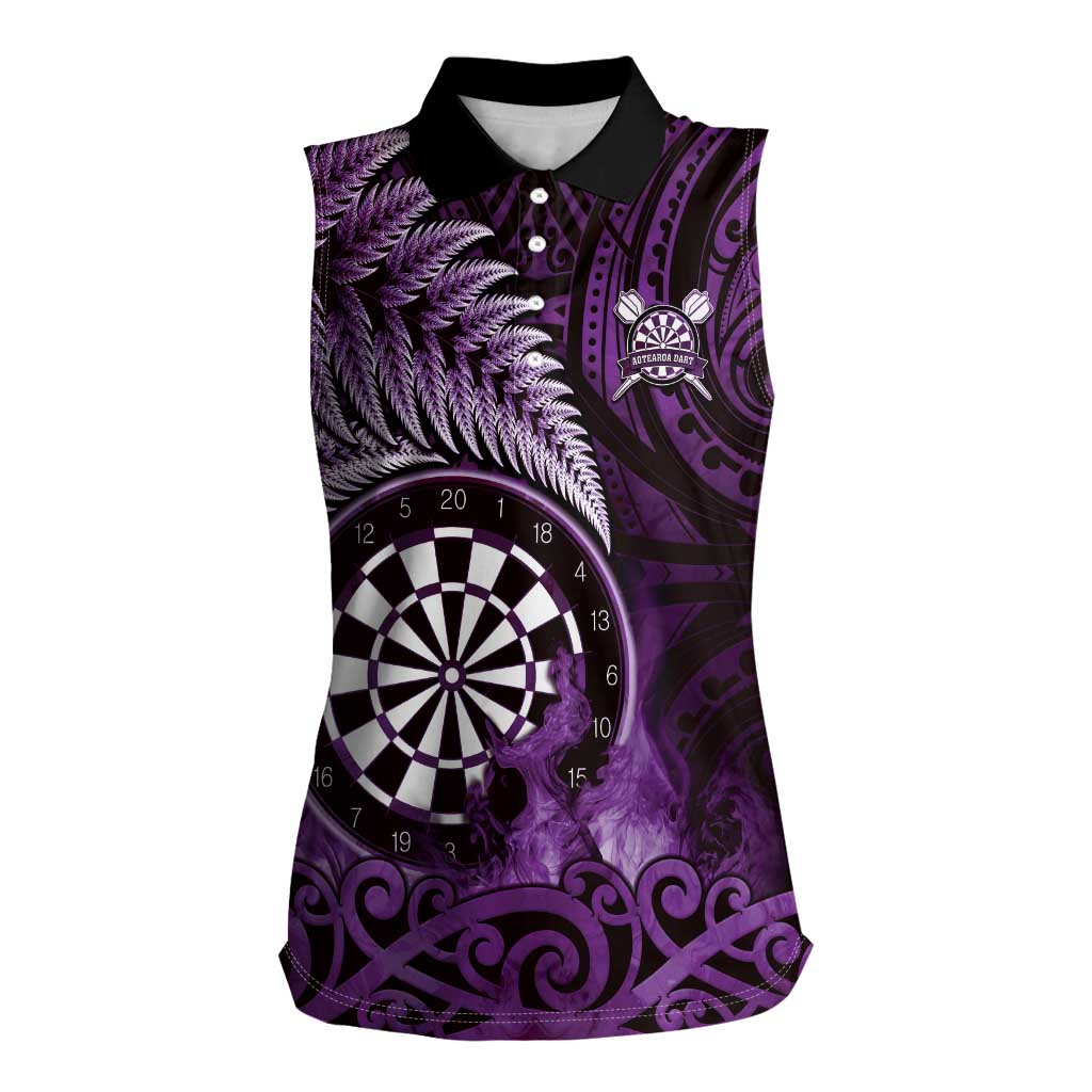 Personalised New Zealand Darts Women Sleeveless Polo Shirt Maori Koru Dartboard Purple Flame