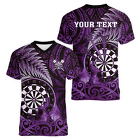 Personalised New Zealand Darts Women V-Neck T-Shirt Maori Koru Dartboard Purple Flame