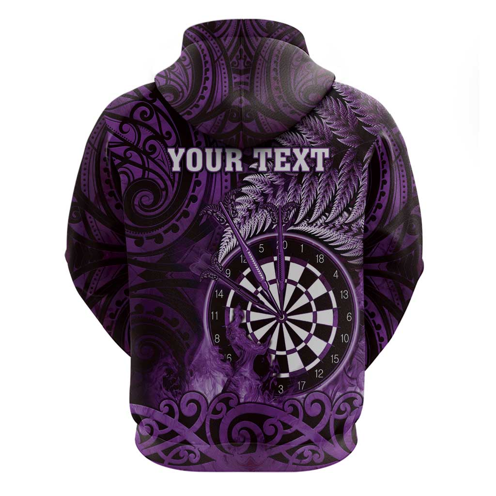 Personalised New Zealand Darts Zip Hoodie Maori Koru Dartboard Purple Flame