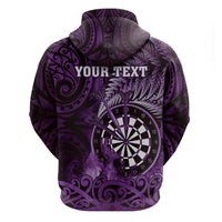 Personalised New Zealand Darts Zip Hoodie Maori Koru Dartboard Purple Flame