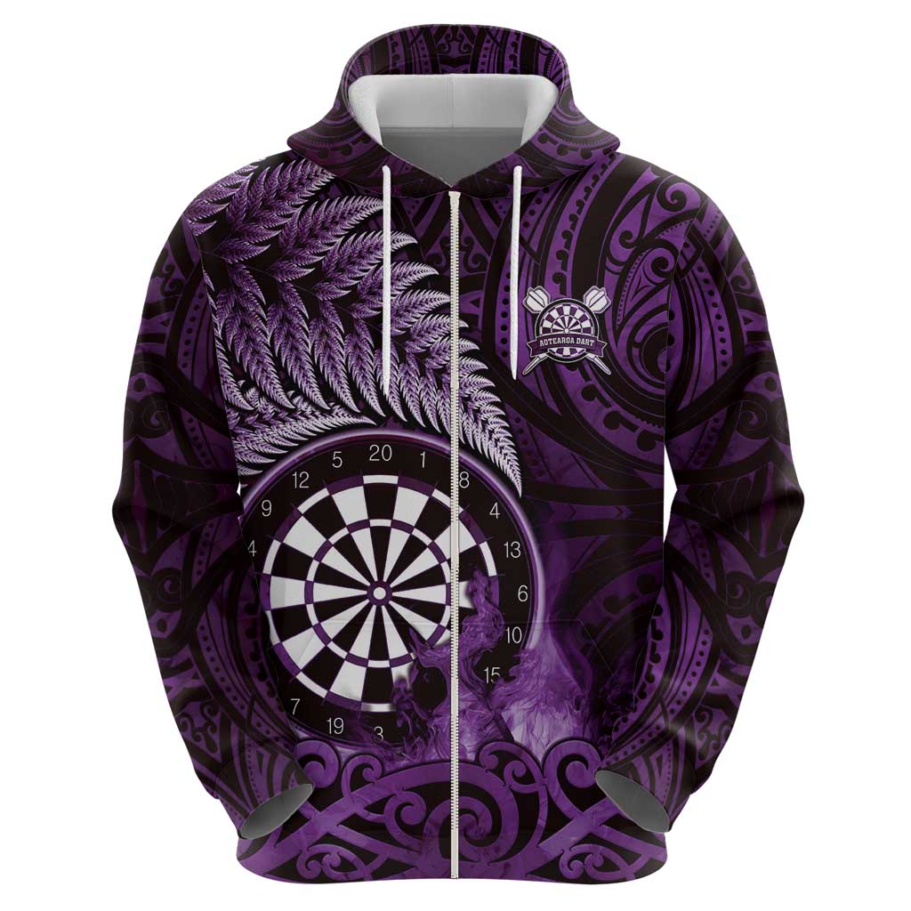 Personalised New Zealand Darts Zip Hoodie Maori Koru Dartboard Purple Flame